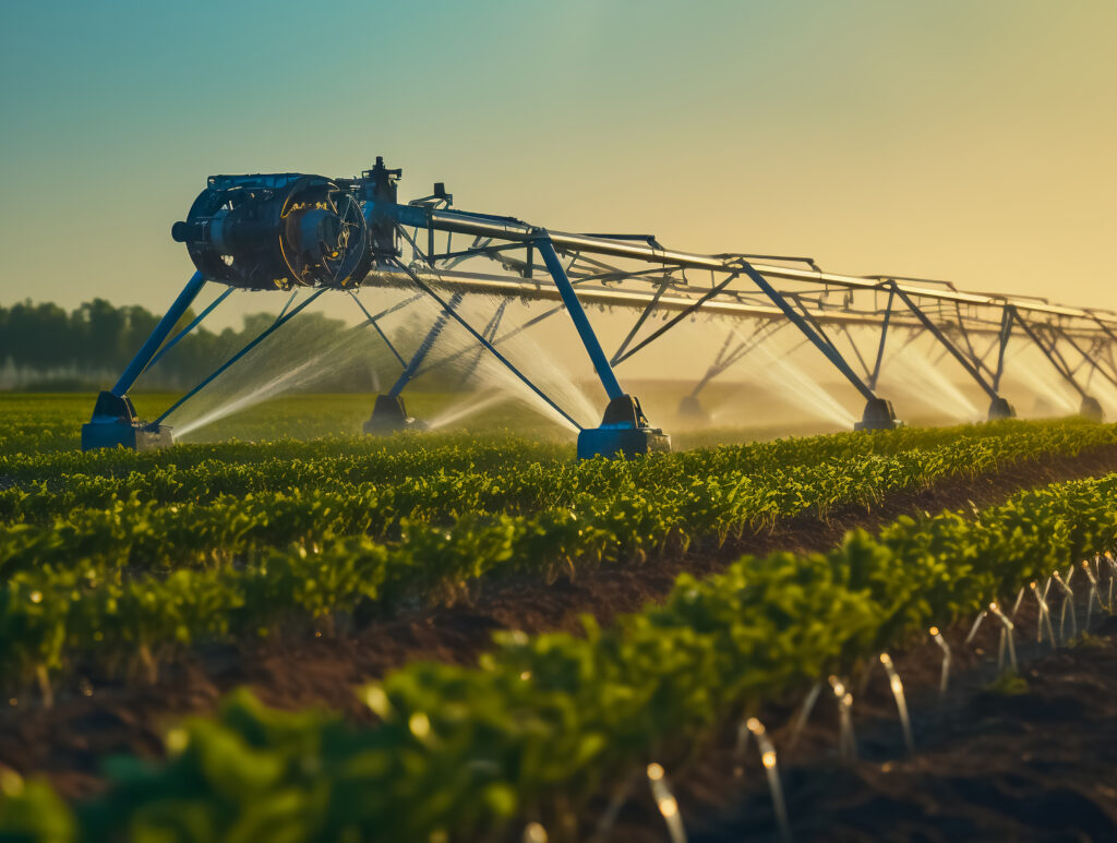 Système d'irrigation en plein champ. Un pivot d'irrigation arrosant un champ.