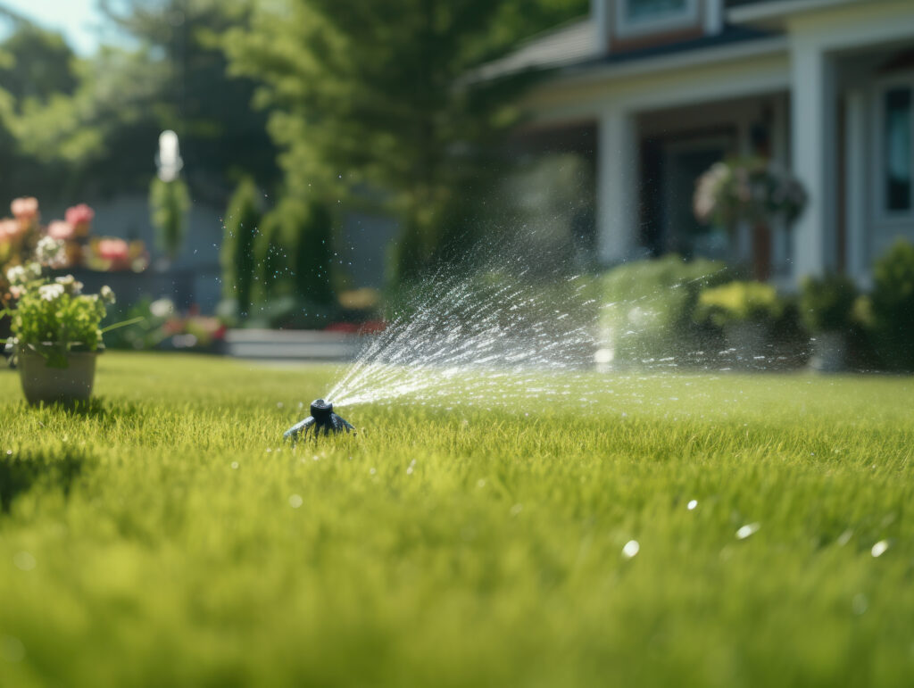 Arrosage du jardin au tuyau d'arrosage en plein été. Gros plan. Système d'irrigation automatique intelligent.